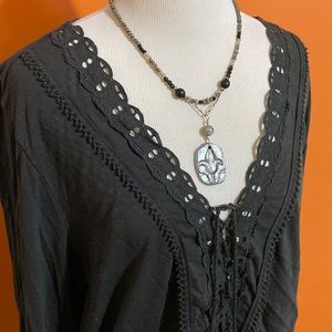 🦅 AEO American Eagle Outfitters Tie Up Lace Long Sleeves Top ~ Dark Gray~ XL